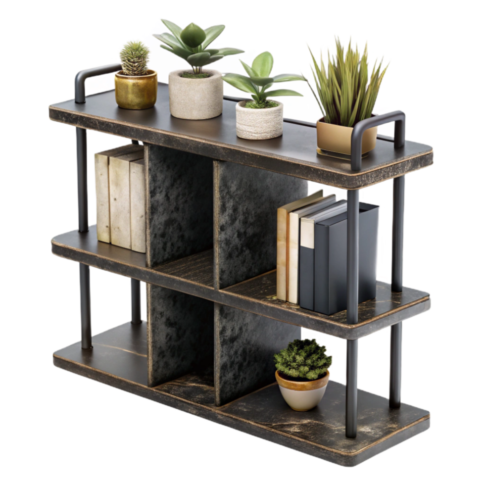 beautiful creative Black Metal Shelf with Books Isolated Cutout professional png