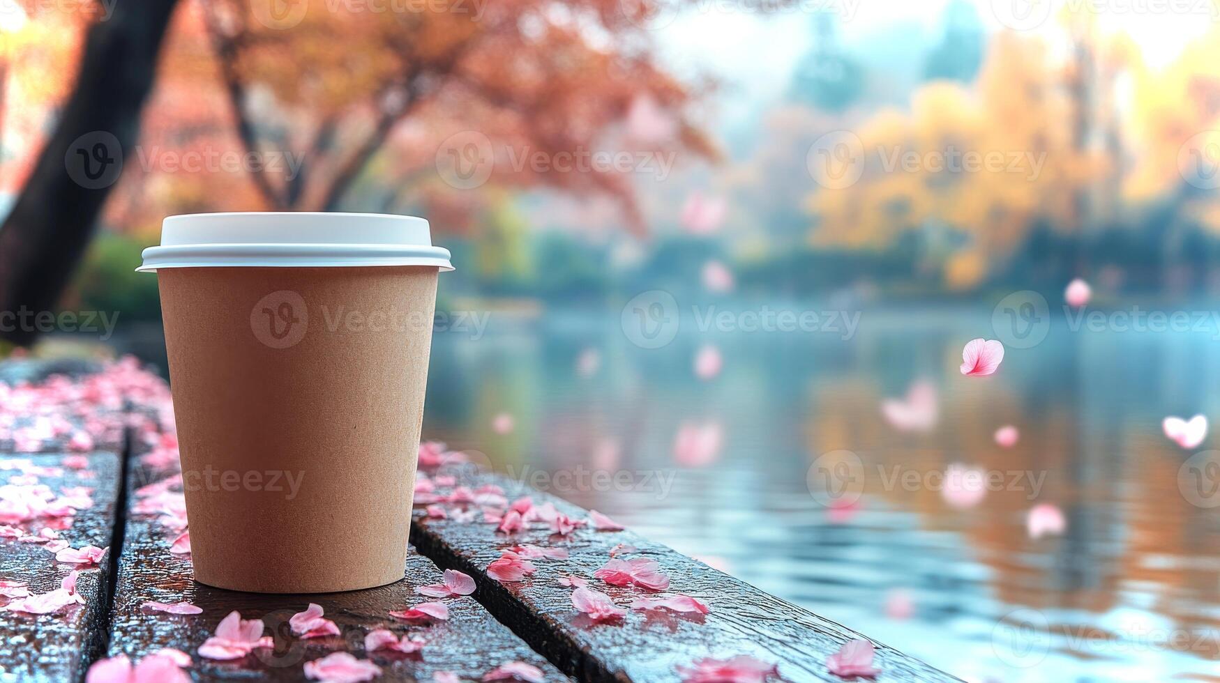 A takeout cup rests on a wooden surface by a serene lake. photo