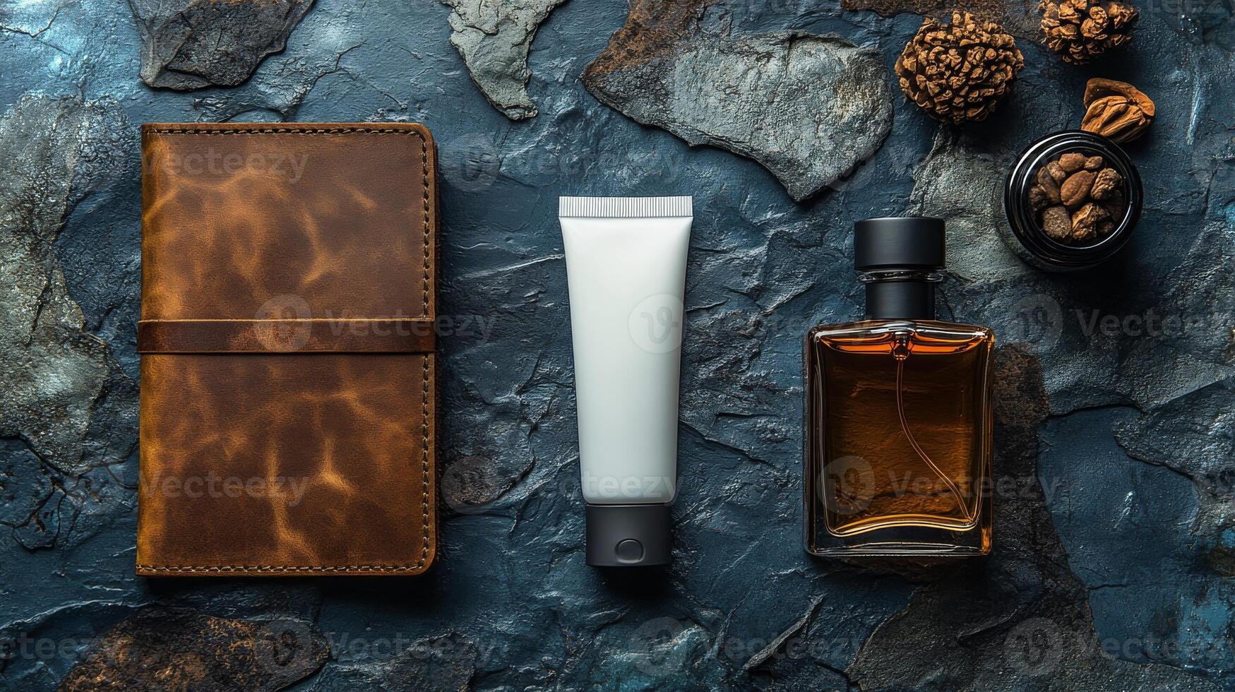 A meticulously arranged travel skincare kit features a stylish leather notebook, a white cream tube, and an elegant bottle of fragrance, all set on textured stones. photo