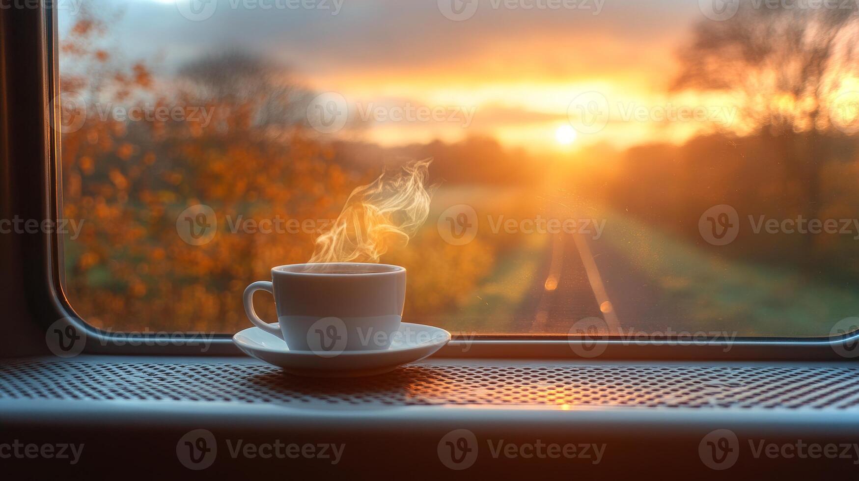 A steaming cup of coffee sits on the window ledge of a train, offering a view of golden sunlight illuminating the passing landscape during evening hours. photo