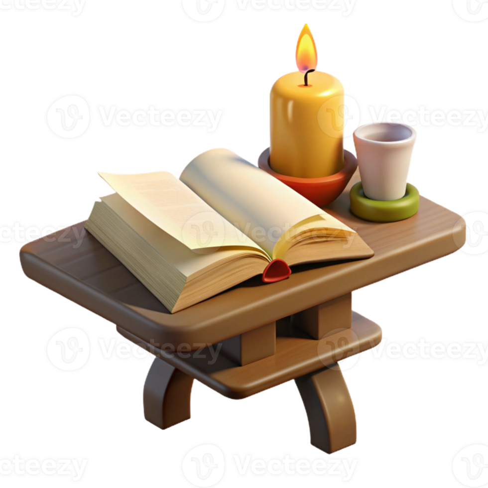 wonderful abstract Burning Candle and Open Book on Wooden Desk Cutout detailed png