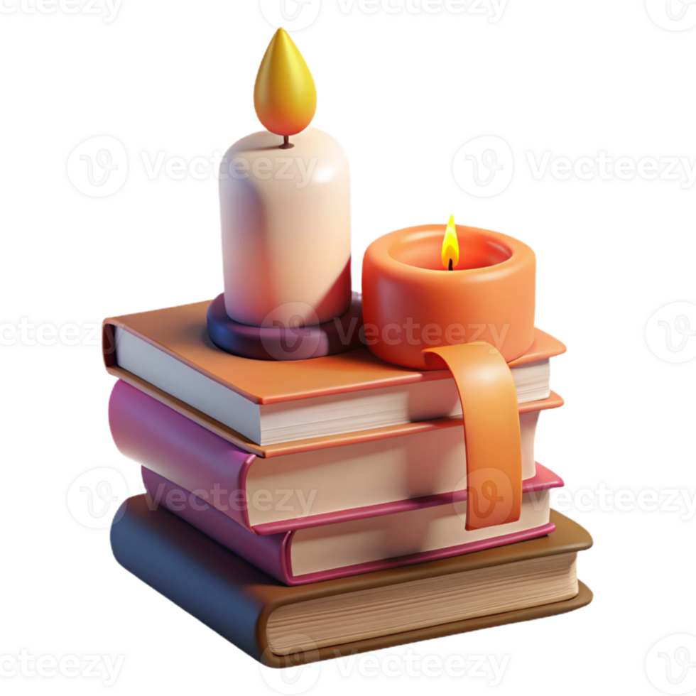 magnificent classic Burning Candle and Stack of Books Isolated high quality png