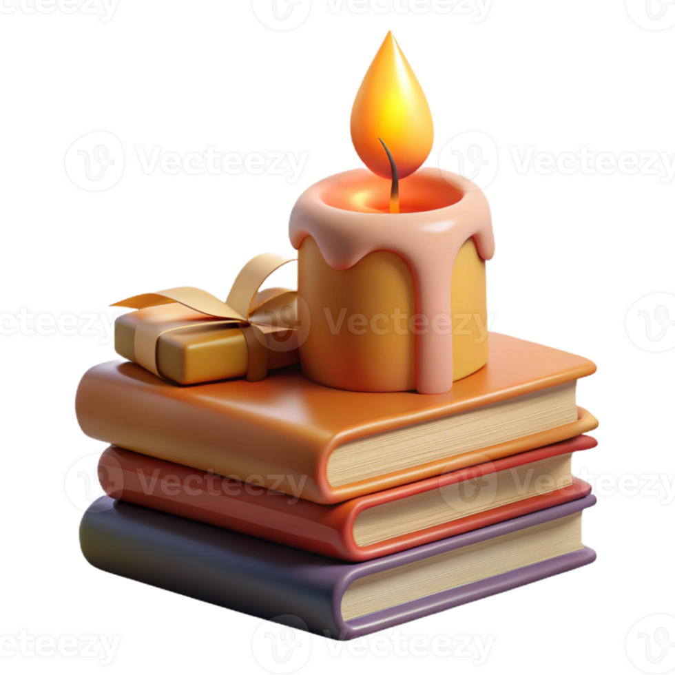 serene contemporary Burning Candle and Stack of Books Isolated exclusive png
