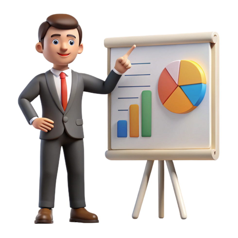 extraordinary creative Businessman Pointing at Chart Isolated on White high resolution png