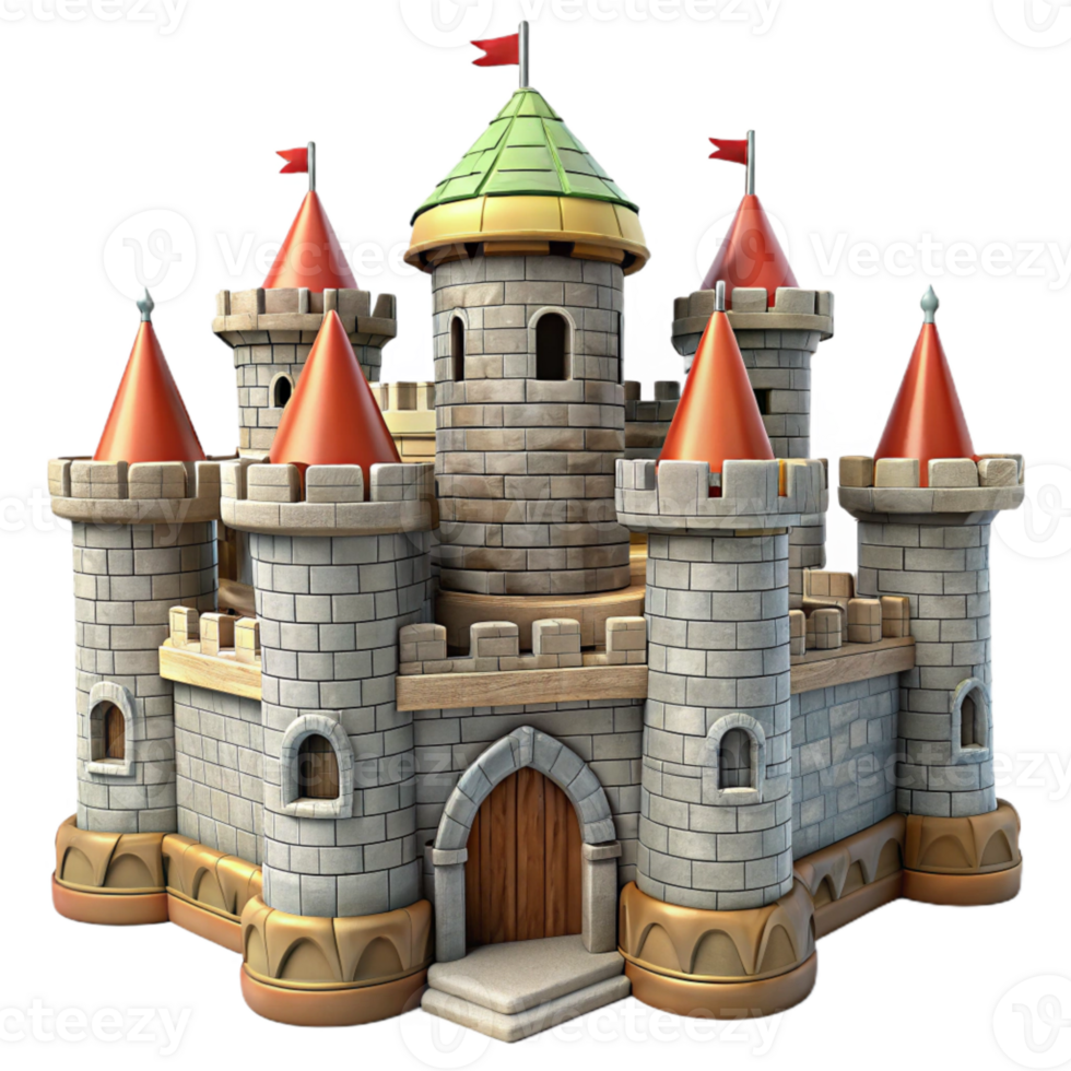 beautiful traditional Castle Stone Walls Turrets Flags Transparent Background detailed png
