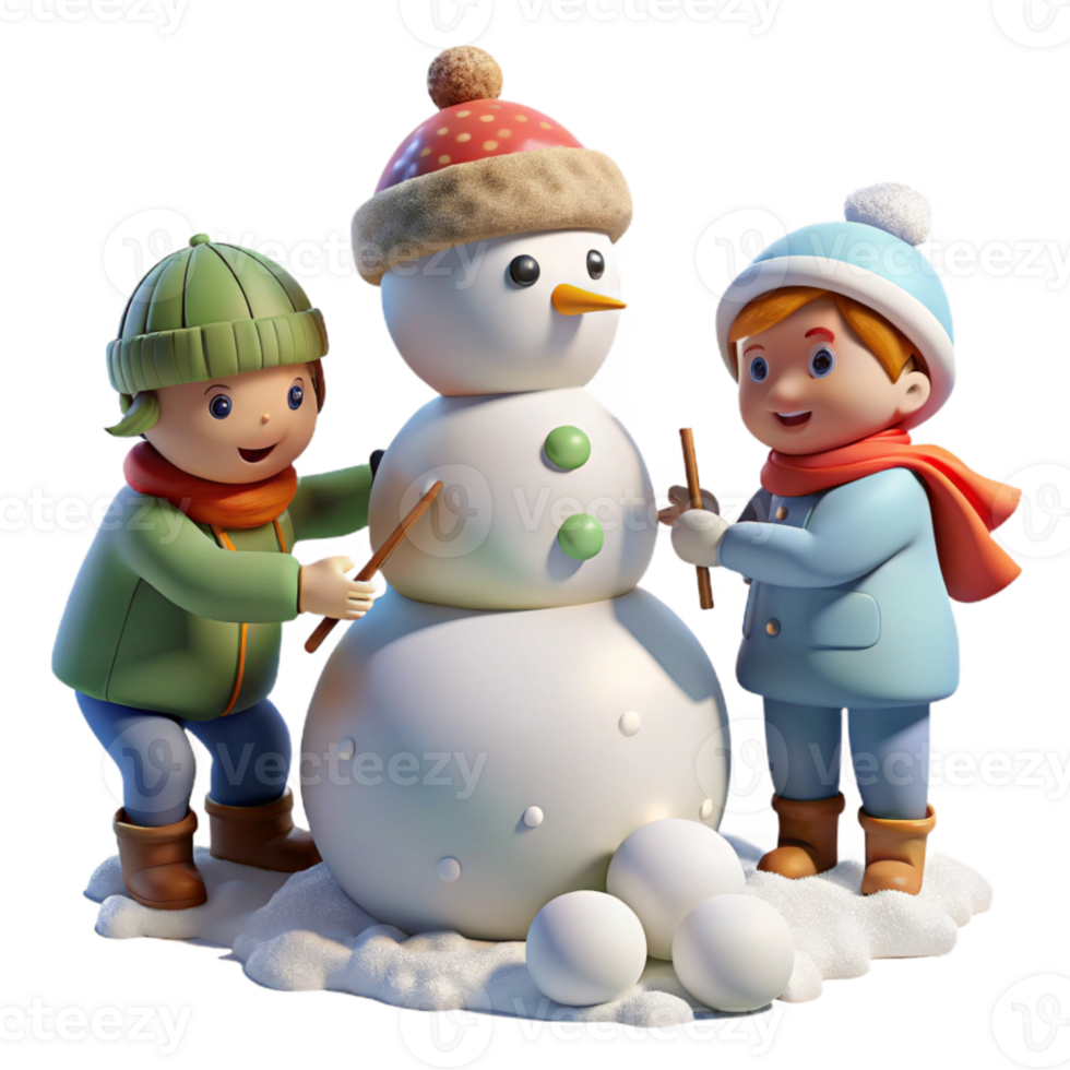beautiful rustic Children Building Snowman Winter Scene Isolated high resolution png