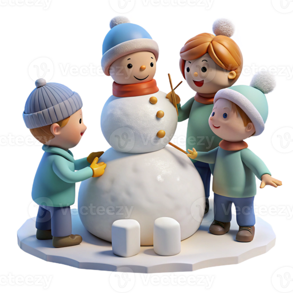 vibrant modern Children Building Snowman Winter Scene Isolated high quality png