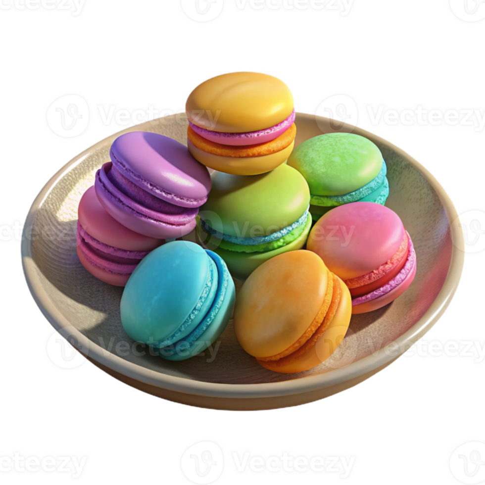 sereno rústico colorida macarons em uma prato isolado elemento Alto qualidade png