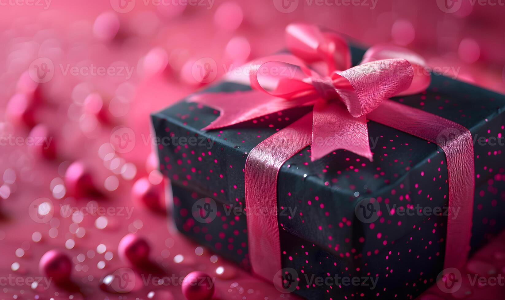 Pink gift box with ribbon on a table, surrounded by sweetness photo