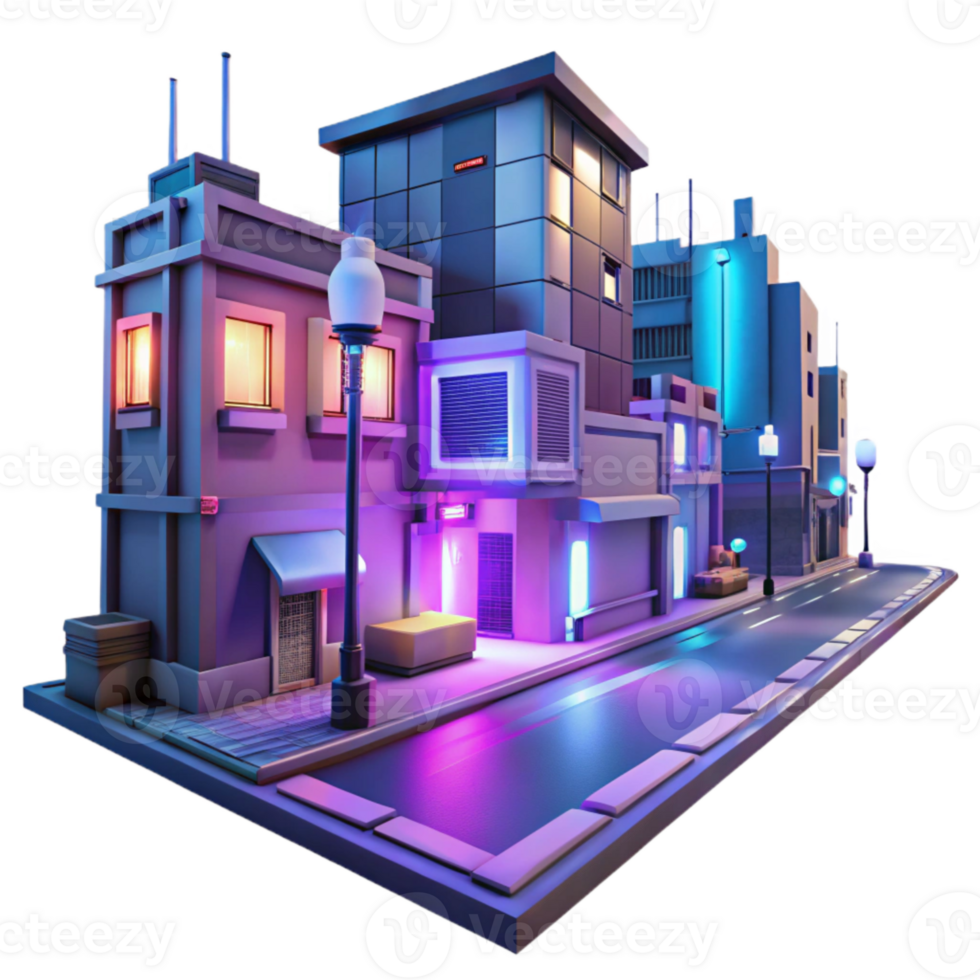 serene classic Cyberpunk City Street Scene with Neon Lights Isolated Element high quality png