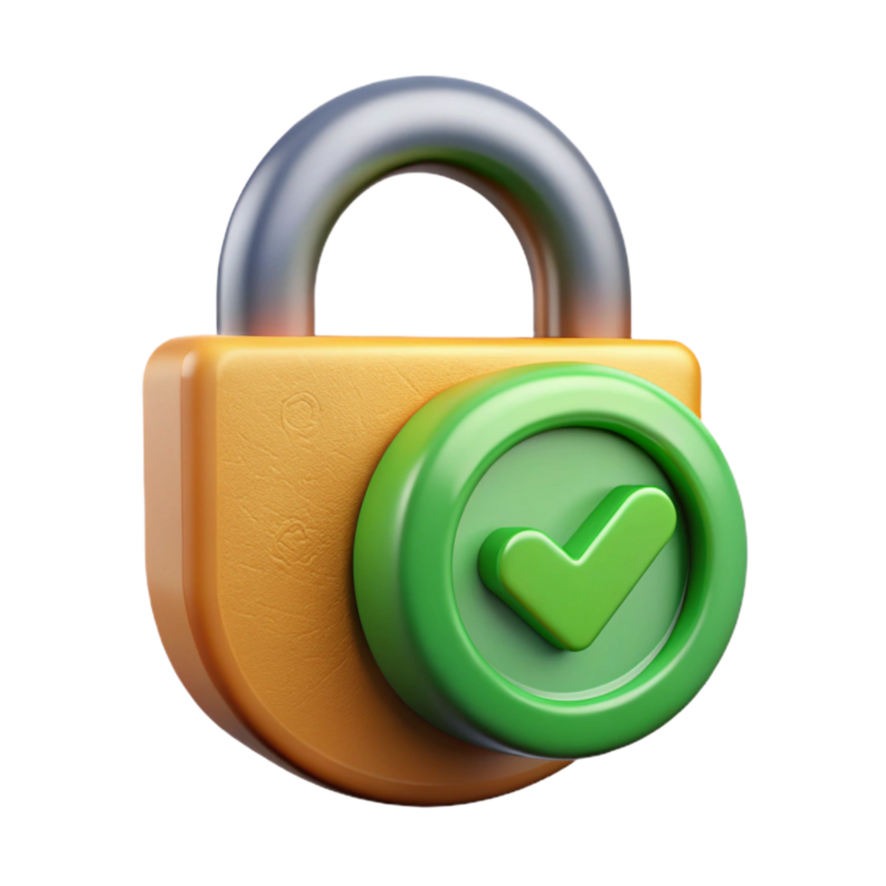 dramatic minimalist Cybersecurity Lock Icon with Green Checkmark Cutout high quality png
