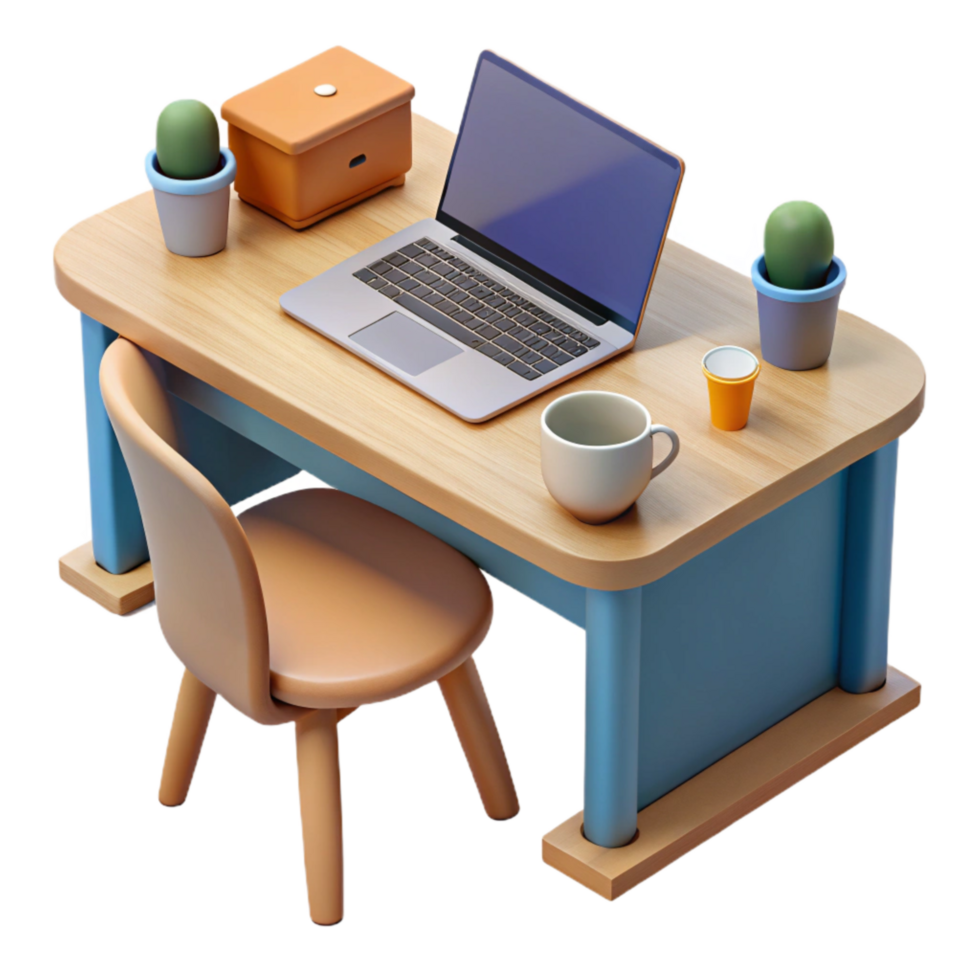 magnificent rustic Desk with Laptop and Coffee Mug Isolated Element 4K png