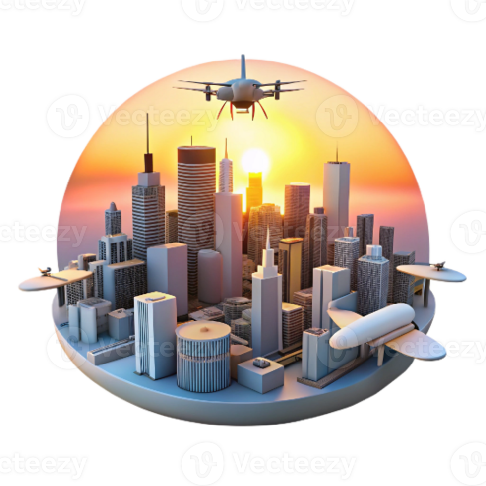 vibrant artistic Drone Shot of City Skyline at Sunset Isolated detailed png