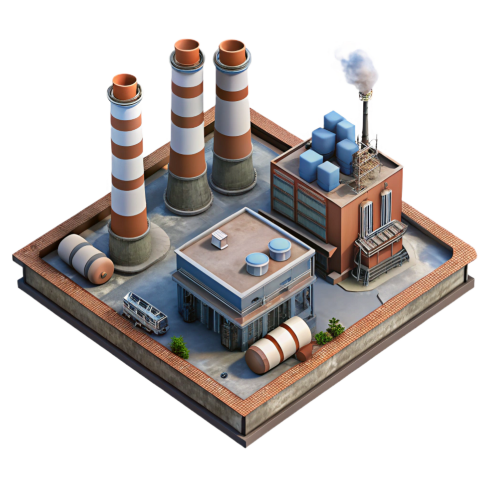 dramatic minimalist Drone Shot of Industrial Area with Smokestacks Isolated professional png