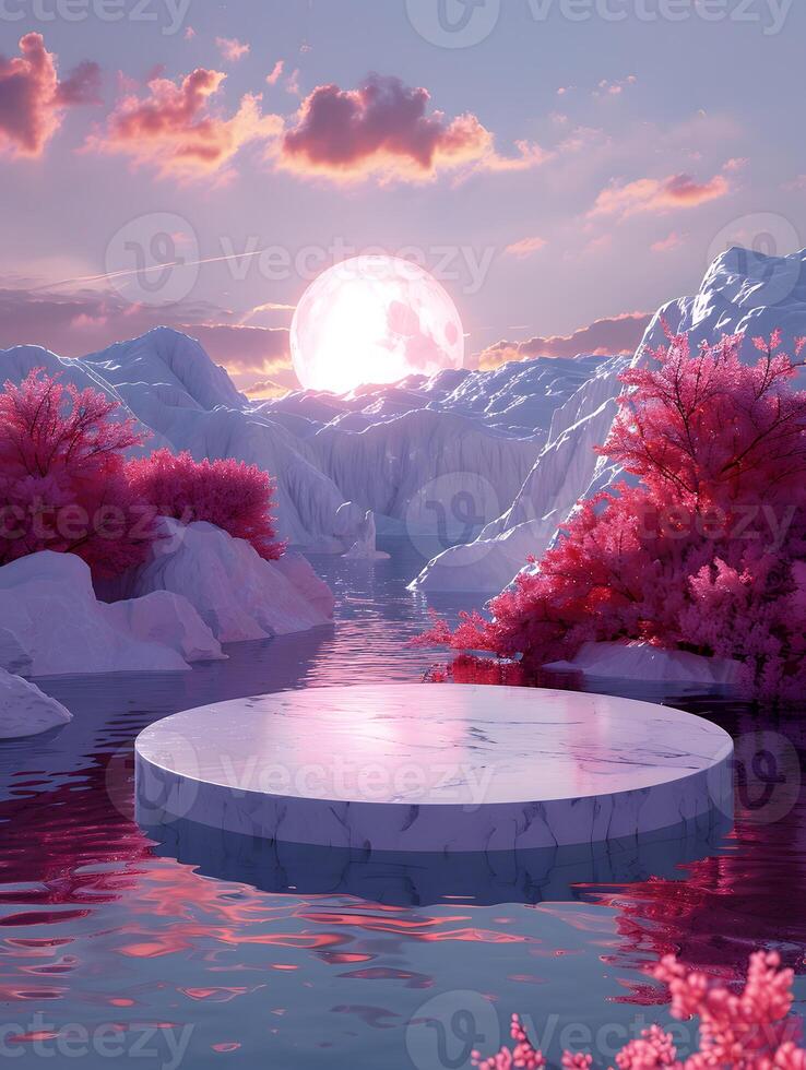 Circular lake platform with mountains and pink clouds in the sky photo