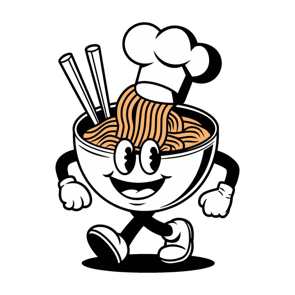 Retro cartoon character chef happily serving noodles in a bowl with chopsticks, showcasing a playful and fun vibe vector