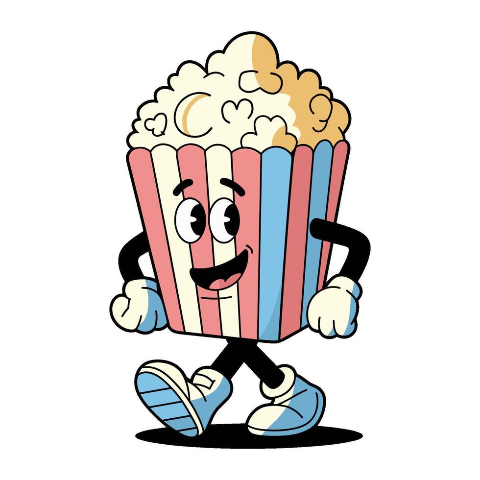 Cheerful retro popcorn character walking with a playful attitude in vibrant colors vector