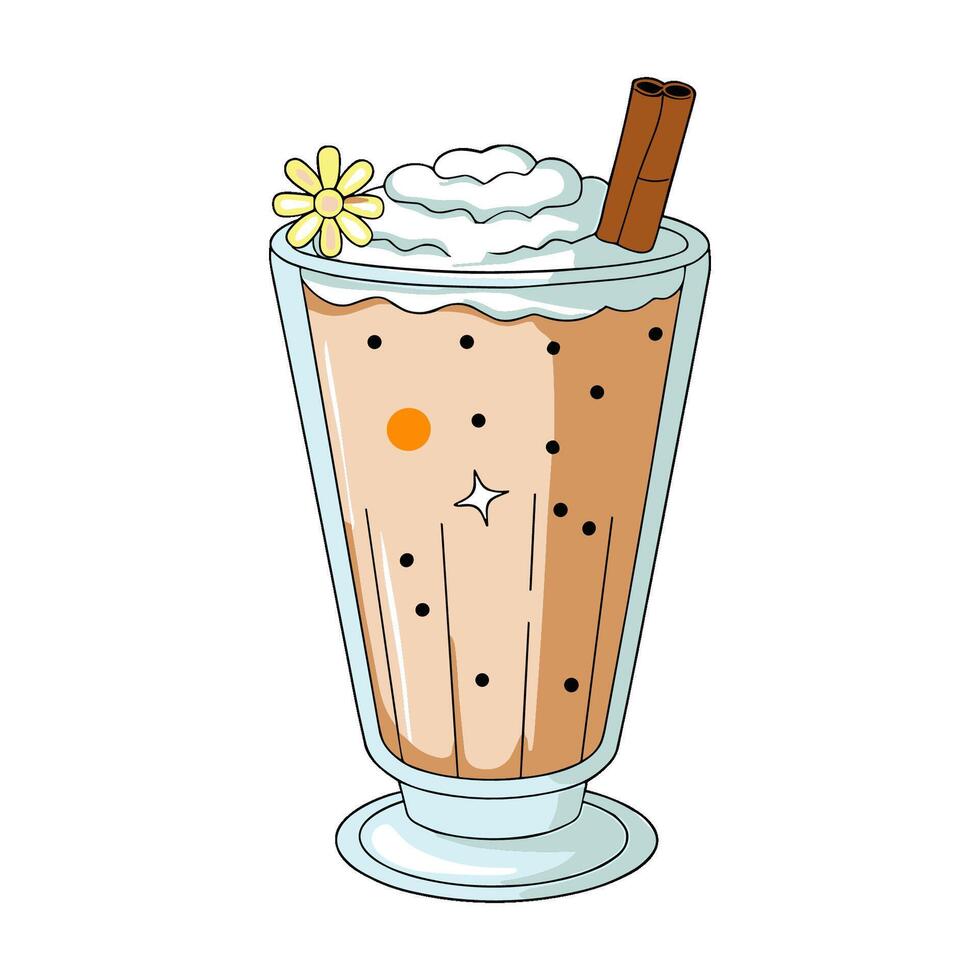 Warm autumn beverage with cinnamon stick and cream topped with a flower in a flat style vector