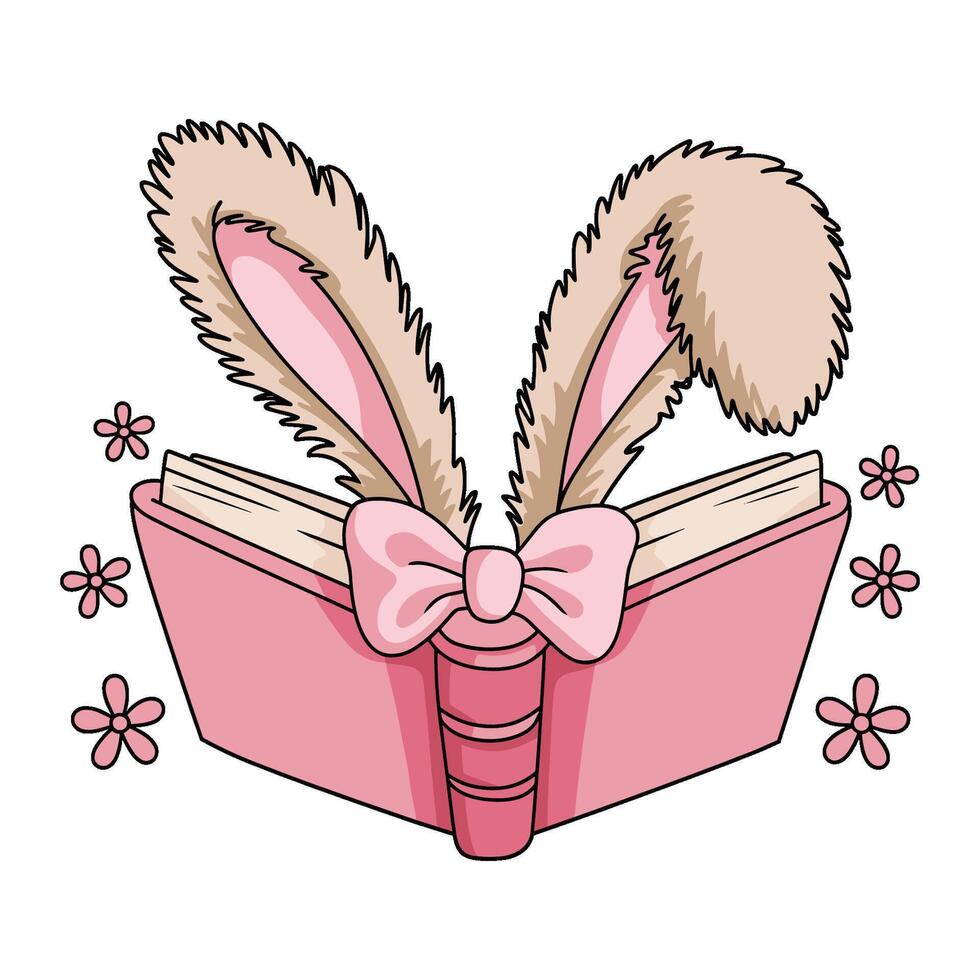 Charming illustration for Easter of a pink book with fluffy bunny ears, a bow, and floral details vector