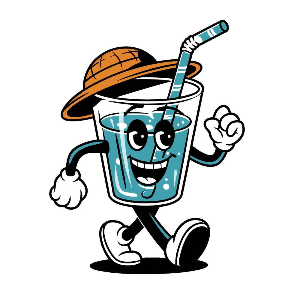 A cheerful cartoon glass of water with a straw, arms, legs, and a hat, walking happily. Retro-style illustration vector