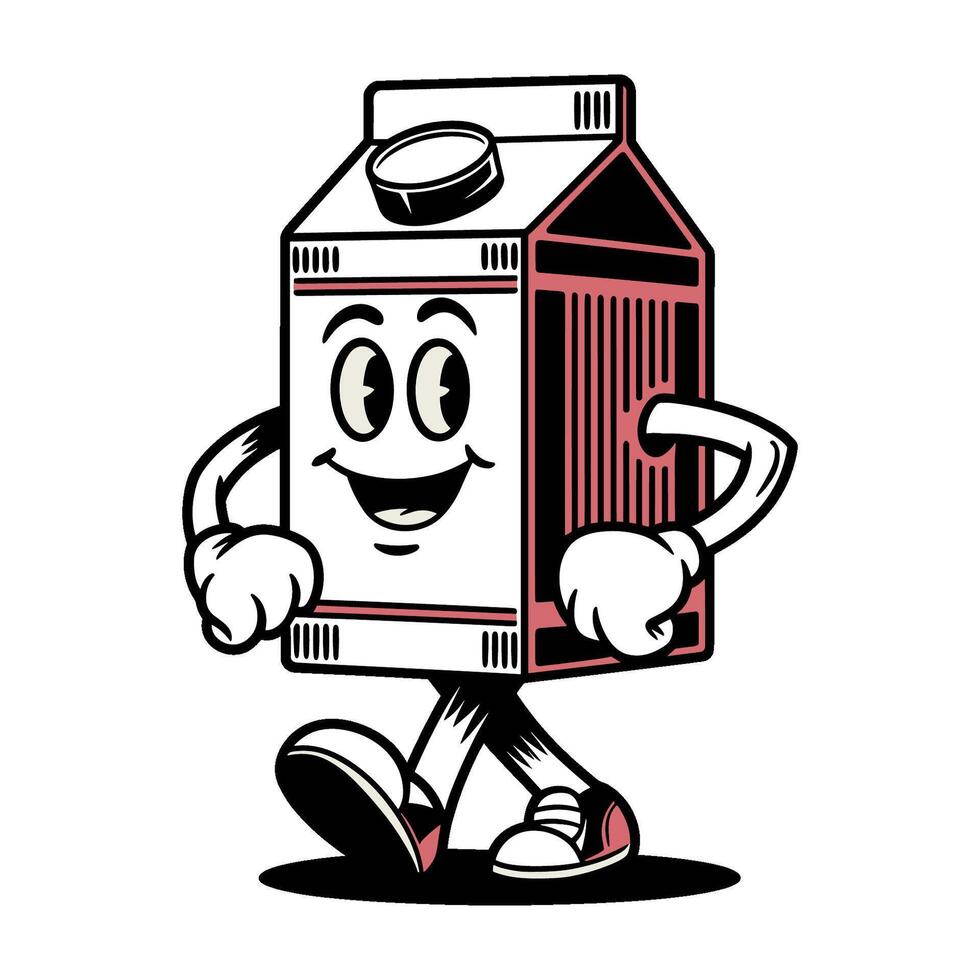 Cheerful retro milk carton character walking happily along a path in a cartoonish, colorful style vector