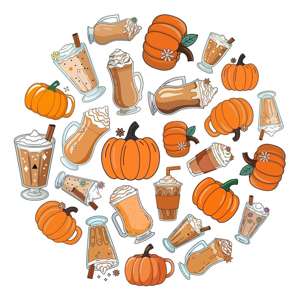 circle of drinks and pumpkins with theme of fall. Image include lattes, cappuccinos, pumpkin spice lattes vector