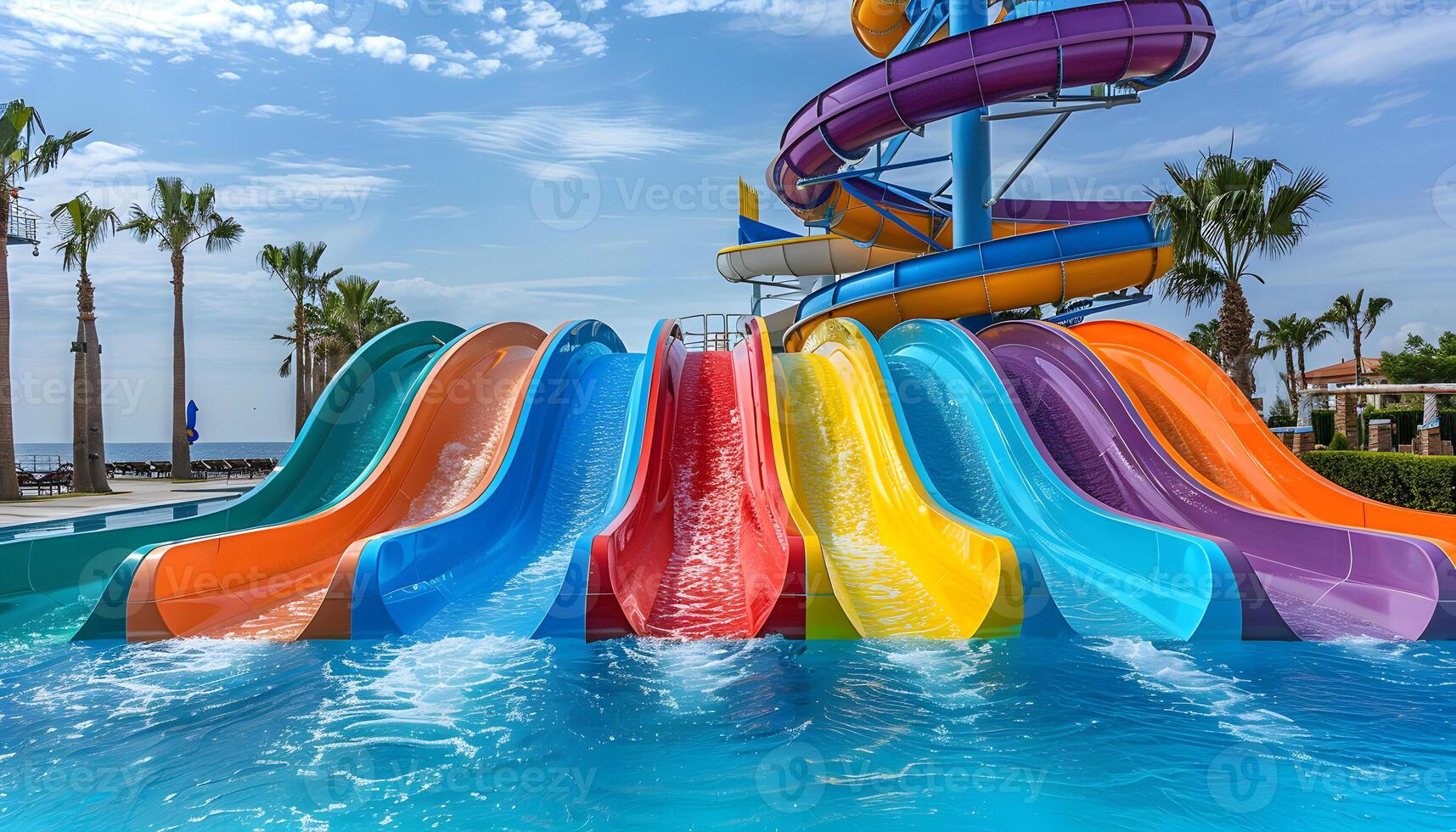 Aqua park with vibrant slides set against a natural landscape photo