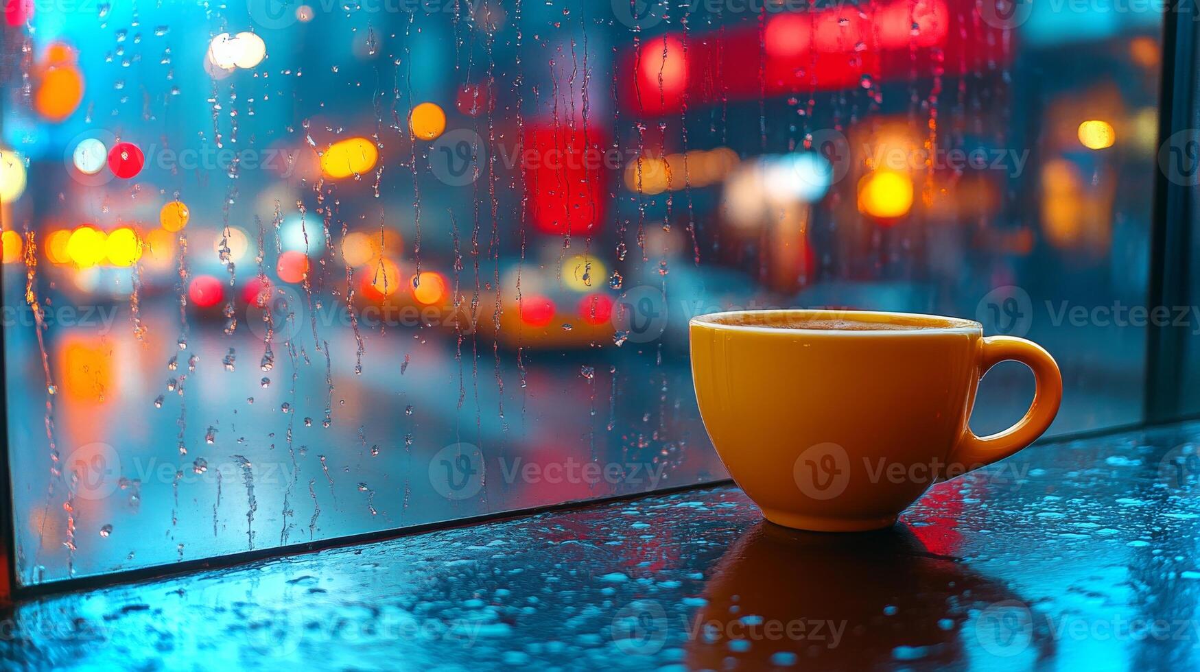 Raindrops cascade on the cafe window as a yellow coffee cup sits invitingly on the table, creating a cozy atmosphere perfect for reflection. photo