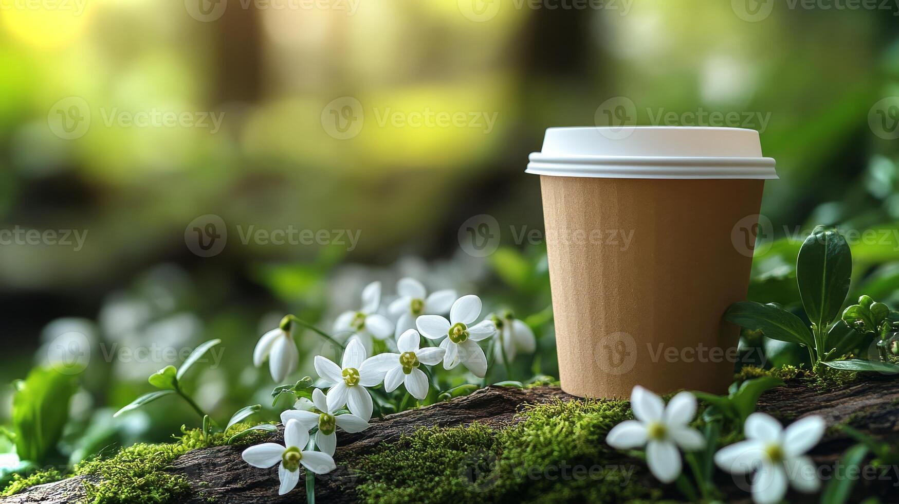 A brown cup rests on a moss-covered log, surrounded by small white flowers in a peaceful forest. Soft natural light enhances the tranquil atmosphere. photo