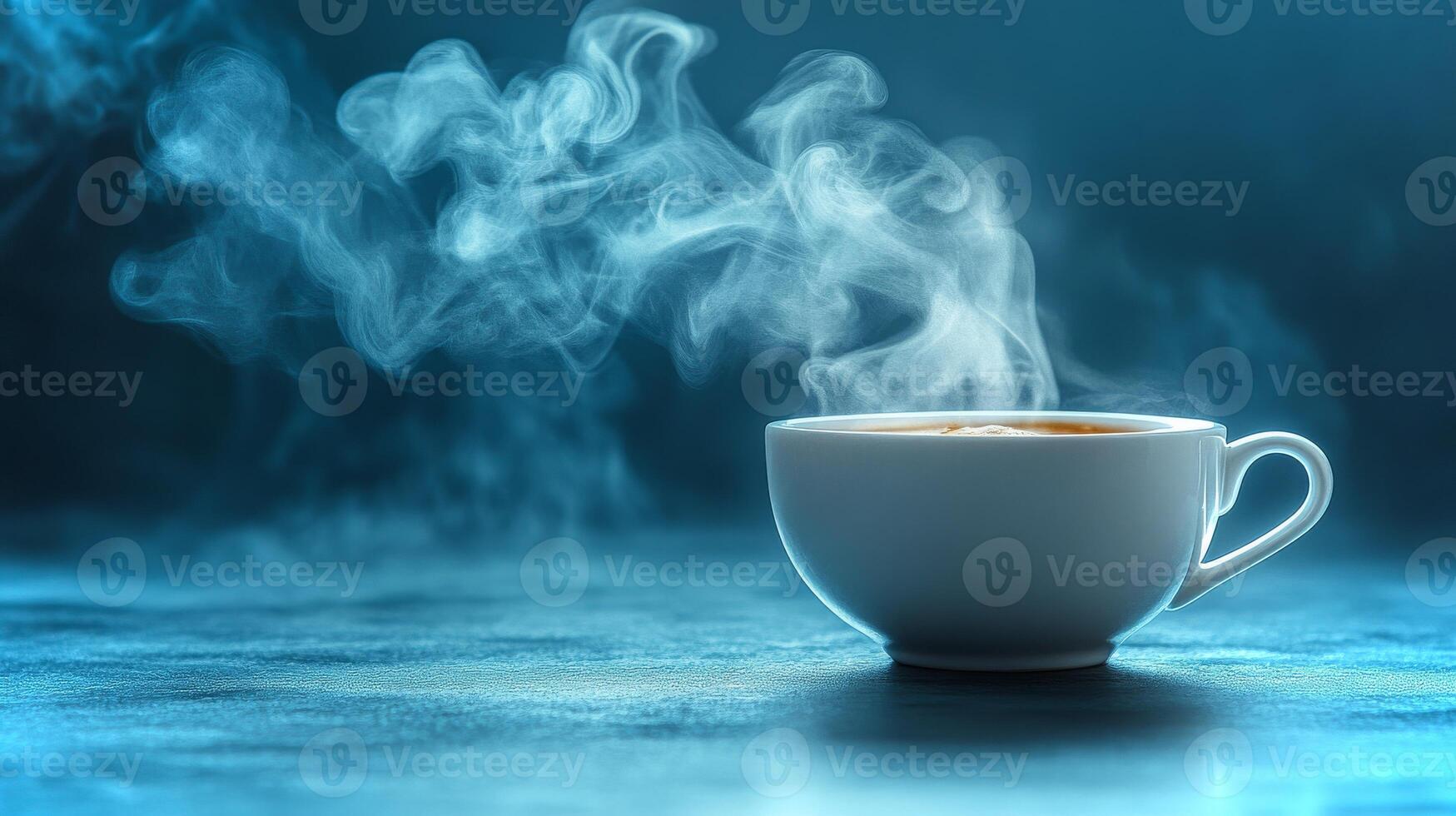 A white coffee cup emits gentle steam, casting a serene ambiance. The calming blue background enhances the cozy feeling of warmth and relaxation. photo