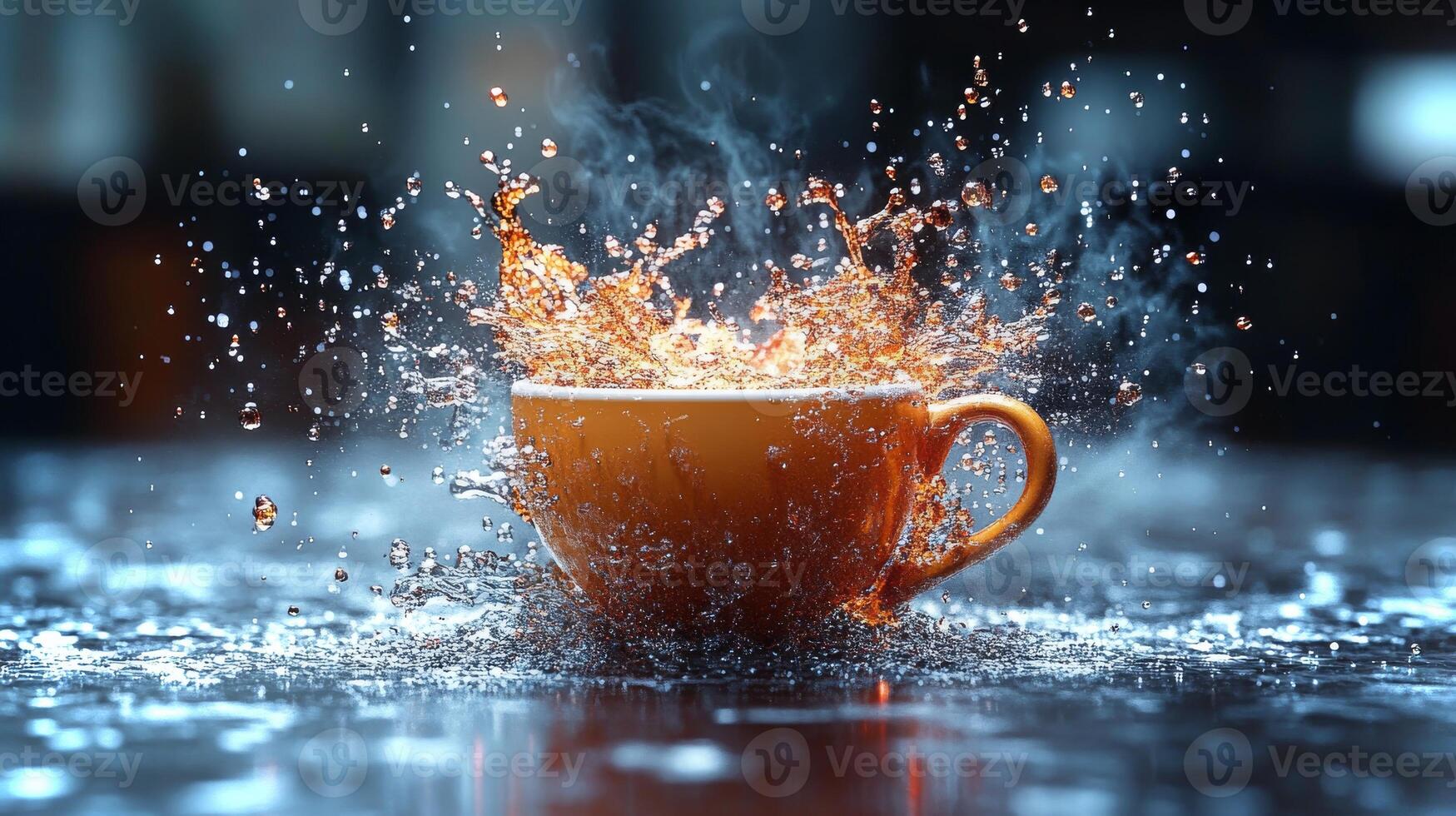 A vibrant coffee cup splashes water in a glitchy digital effect, creating an energetic and captivating visual experience. Enjoy this colorful display. photo
