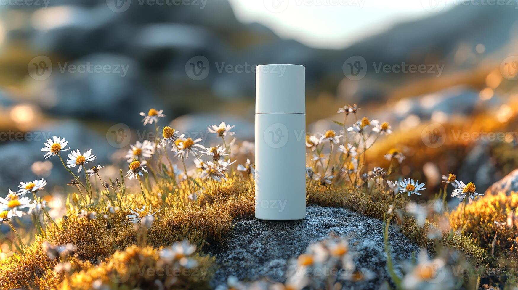 Sunlight illuminates a white cosmetic container set amidst vibrant wildflowers in a picturesque outdoor landscape. The scene captures nature's serene beauty. photo