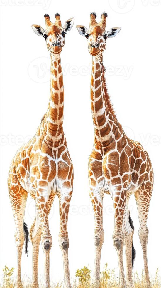 Two giraffes standing together in a sunlit savannah landscape showcasing their unique patterns and tall frames photo
