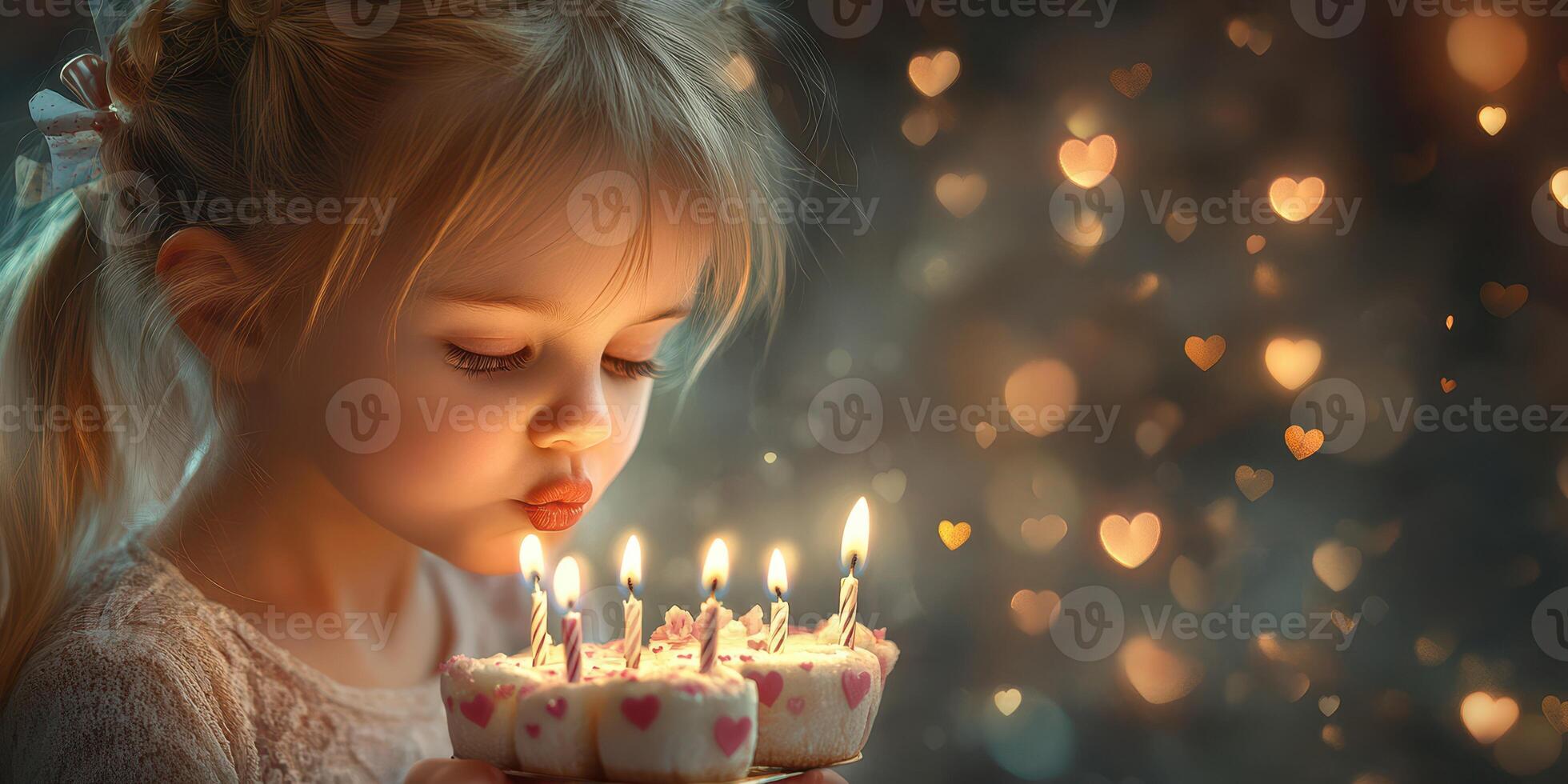 Young girl celebrates birthday with cupcakes and candles, surrounded by a magical atmosphere of glowing hearts photo