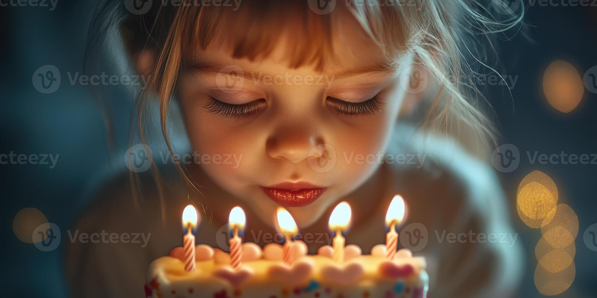 Young child makes a wish while blowing out candles on a birthday cake in a cozy, warm setting during an evening celebration photo