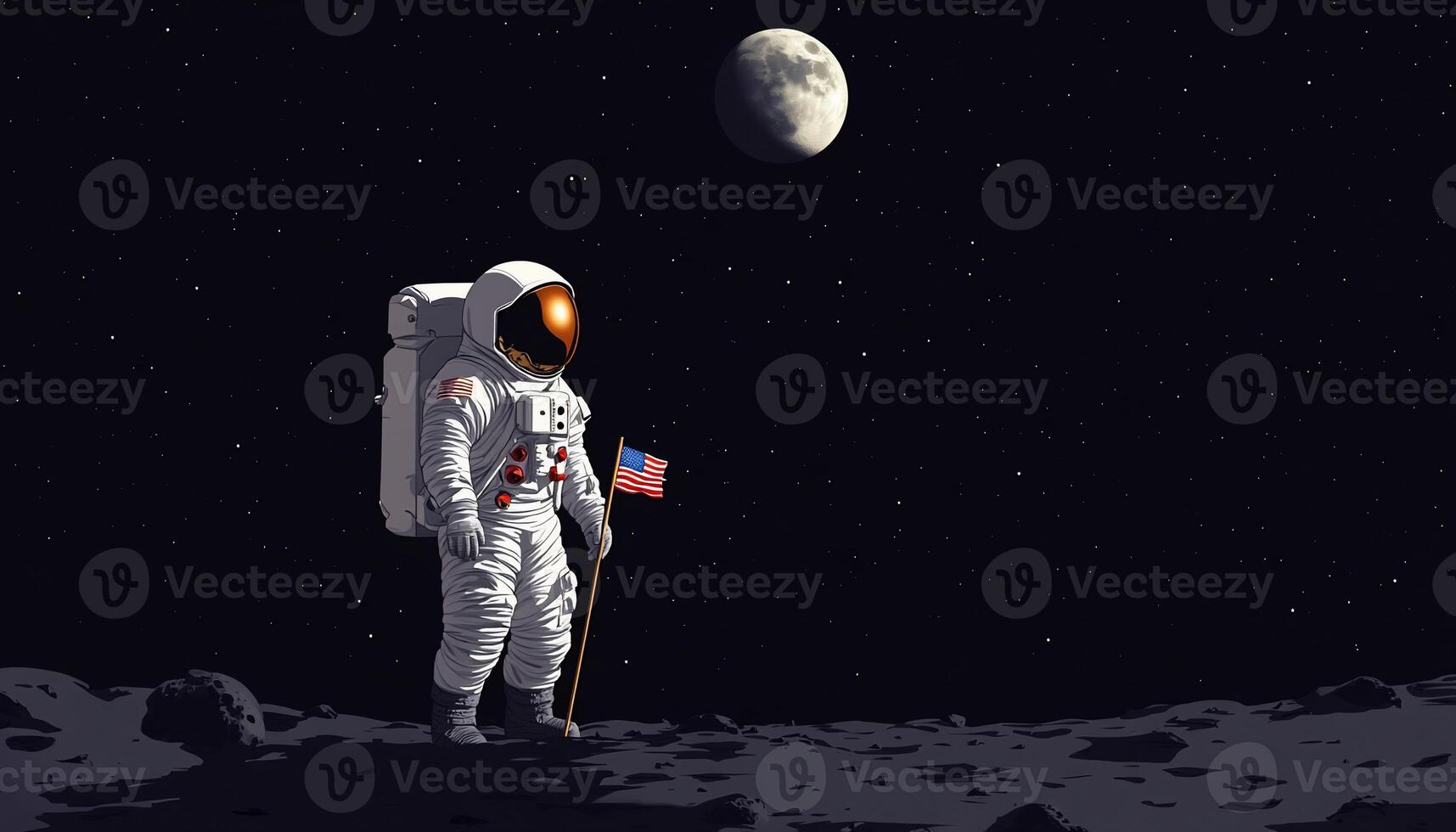 Astronaut on the moon, holding flag photo