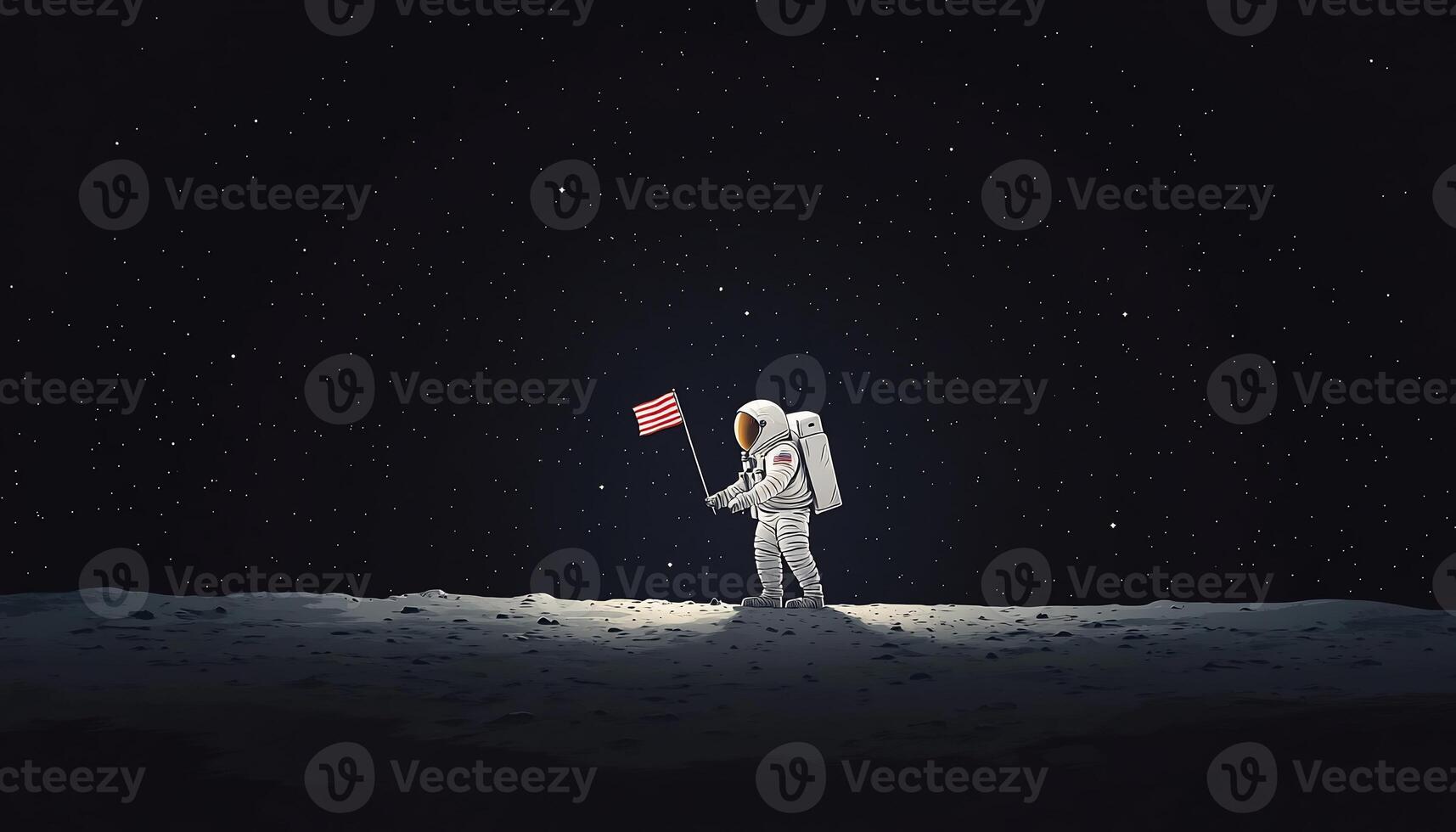 An astronaut standing on the moon with a flag photo