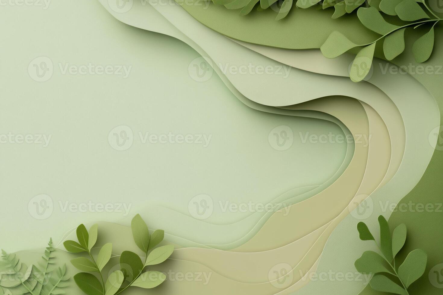 Abstract green paper cut wave background with leaves. photo