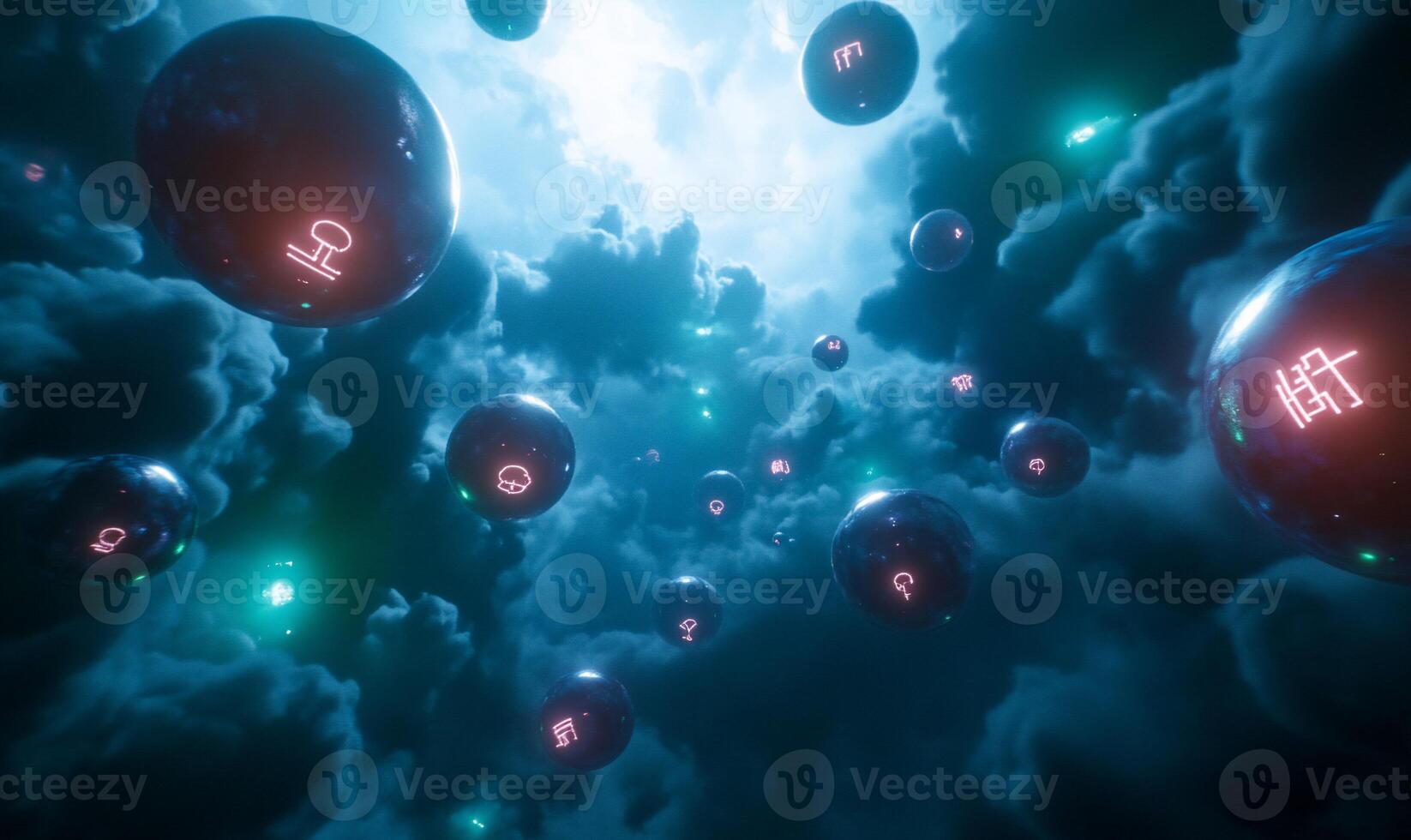 Glowing orbs float in a dark, cloudy sky. photo