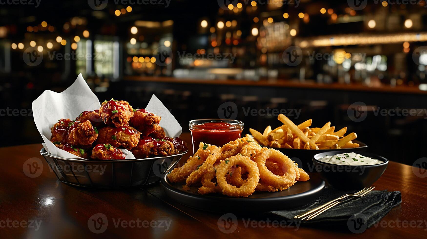 Crispy Fried Chicken, Onion Rings, and Fries photo