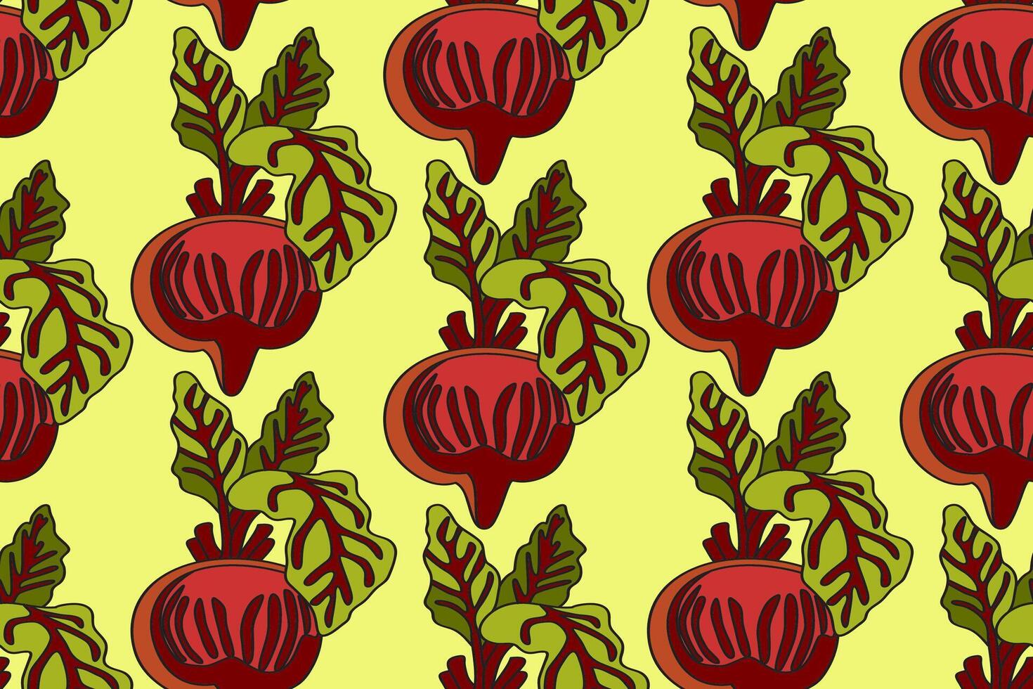 Botanical abstract seamless pattern with juicy beets illustration. Colorful vegetables repeating cartoon pattern in yellow color background. Graphic design for Fashion Cover Textile Birthday vector