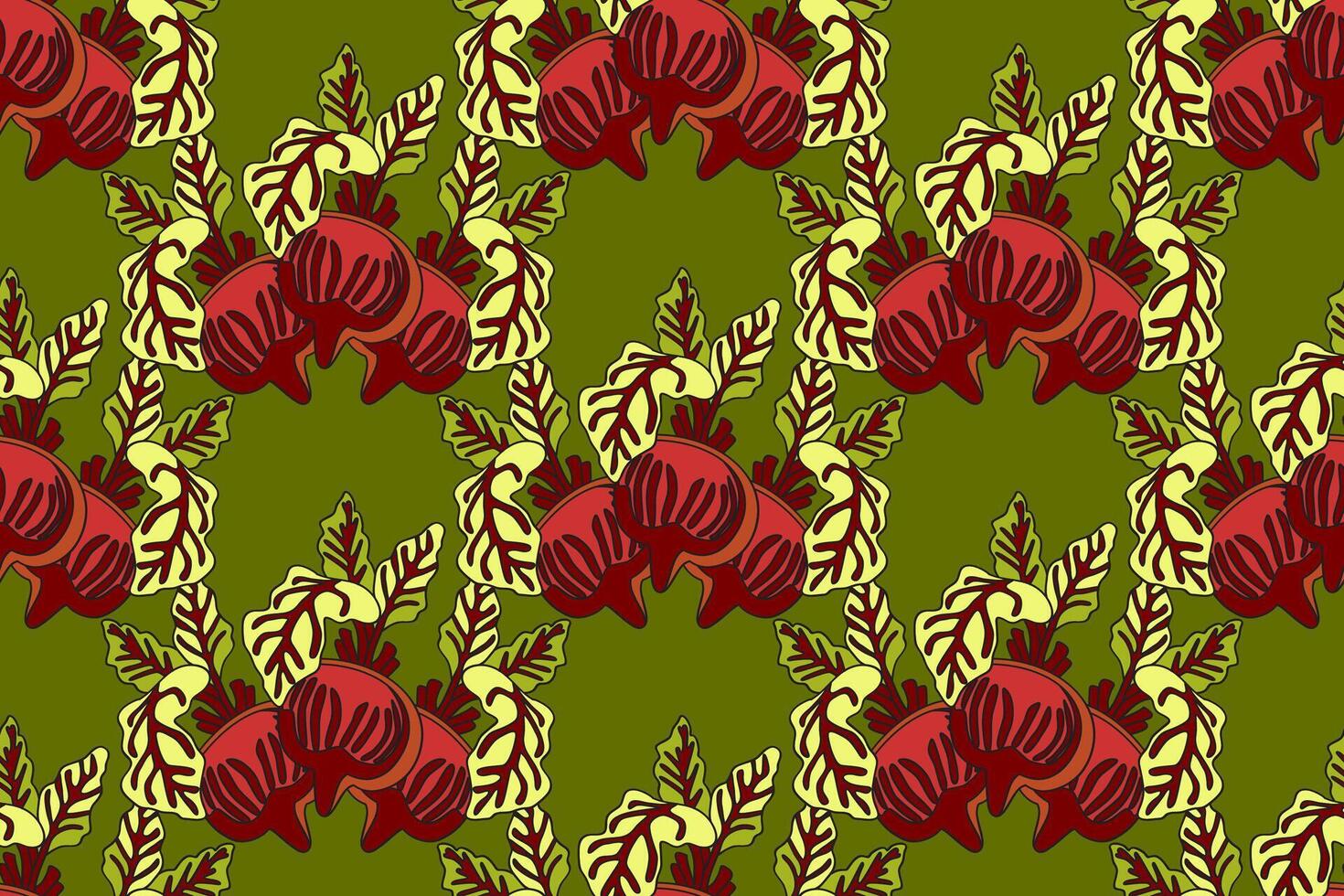 Botanical abstract seamless pattern with juicy beets illustration. Colorful vegetables repeating cartoon pattern in green color background. Graphic design for Fashion Cover Textile Print Card vector