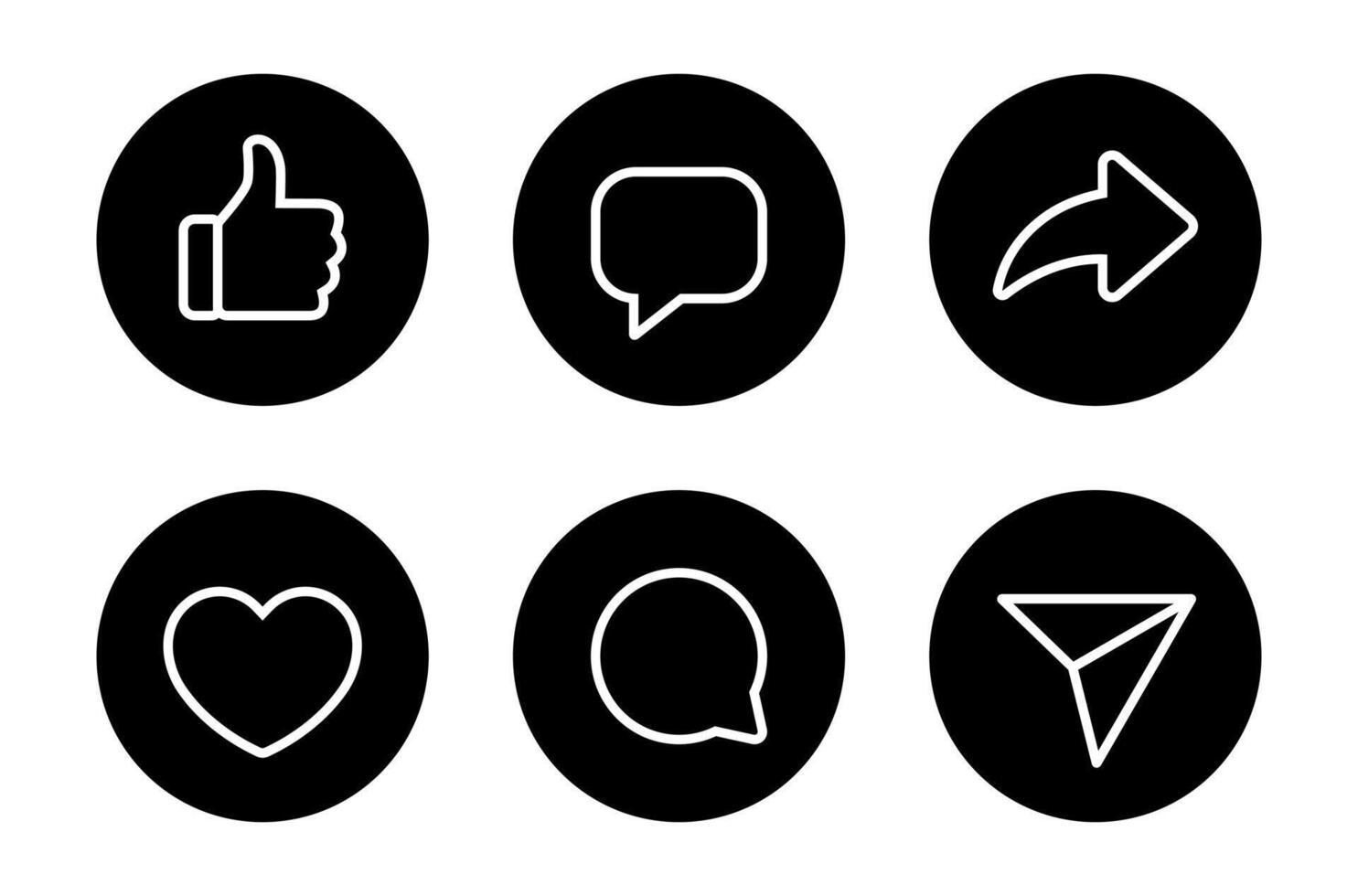 Like, comment, and share icon on black circle. Love, speech bubble, and repost arrow outline sign symbol vector