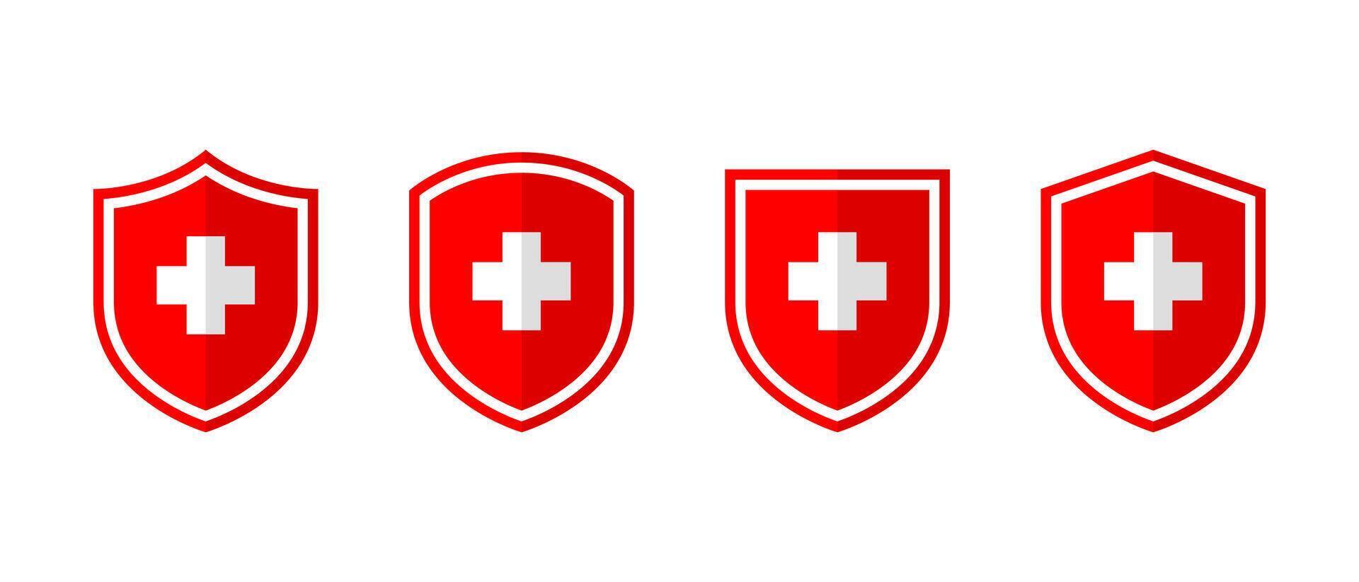 Medical shield, health protection icon set with shadow. Healthy badge sign symbol vector
