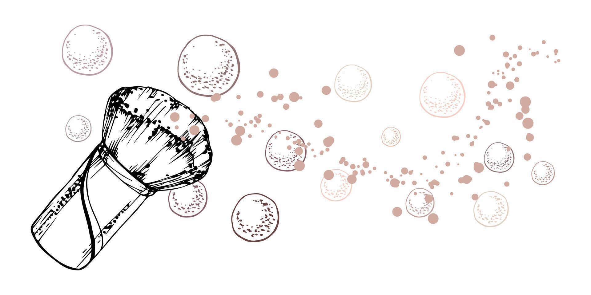 Make-up nude powder balls, blush eye shadow and thick brush applicator, isolated composition, detailed line ink sketch, hand drawn. Beauty parlor salon illustration, packaging, cosmetics shop vector