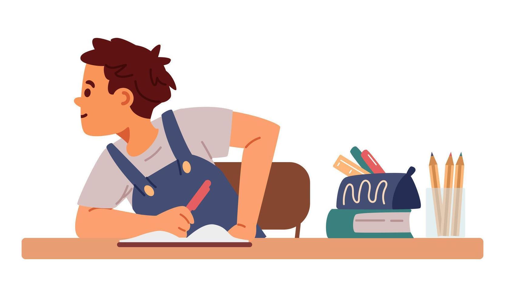 School boy sitting at desk with stationary flat illustration isolated on white. vector