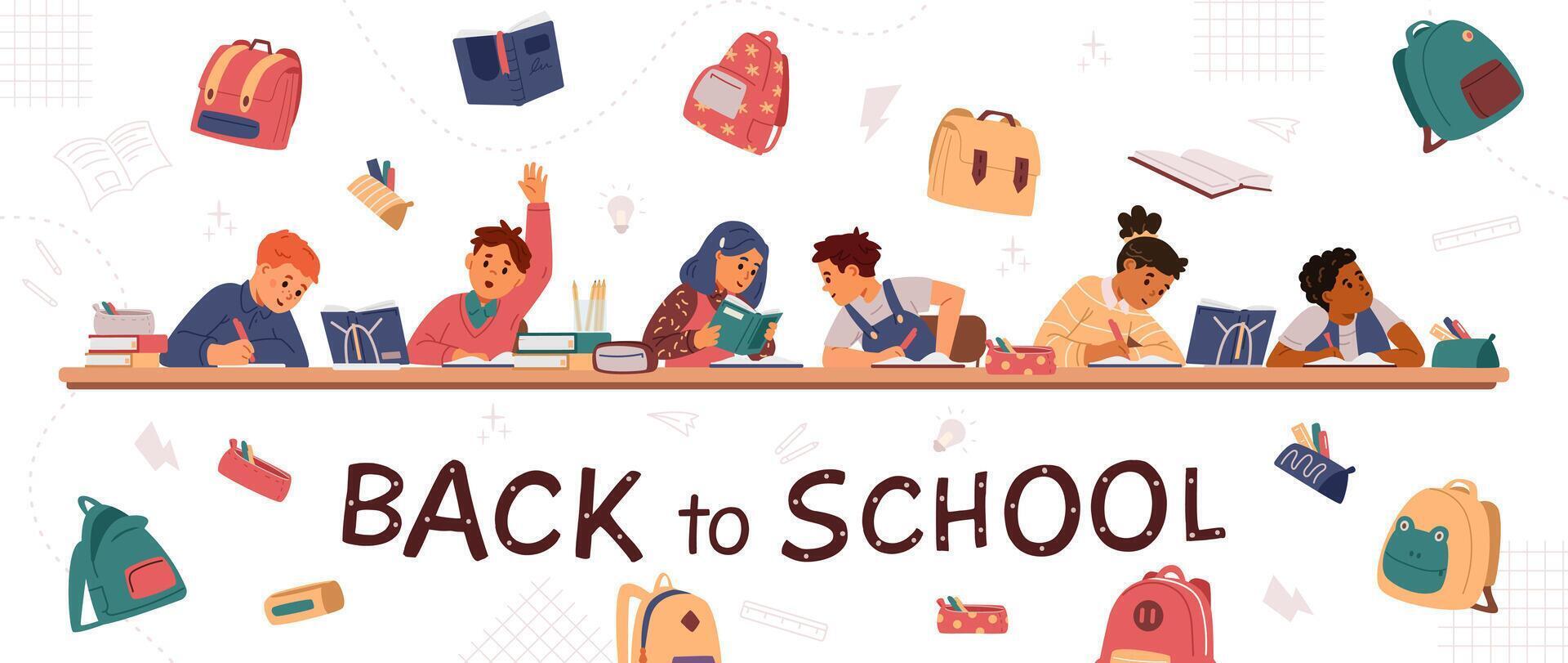 Back to school horizontal banner with illustrations of diverse school children sitting at desk, backpacks and stationary. vector
