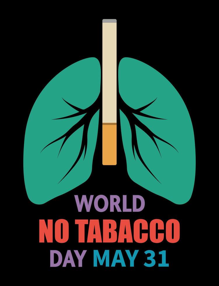 World No Tobacco Day poster, brochure or card. Human lungs, cigarette and text on a black background. illustration about the dangers of smoking vector