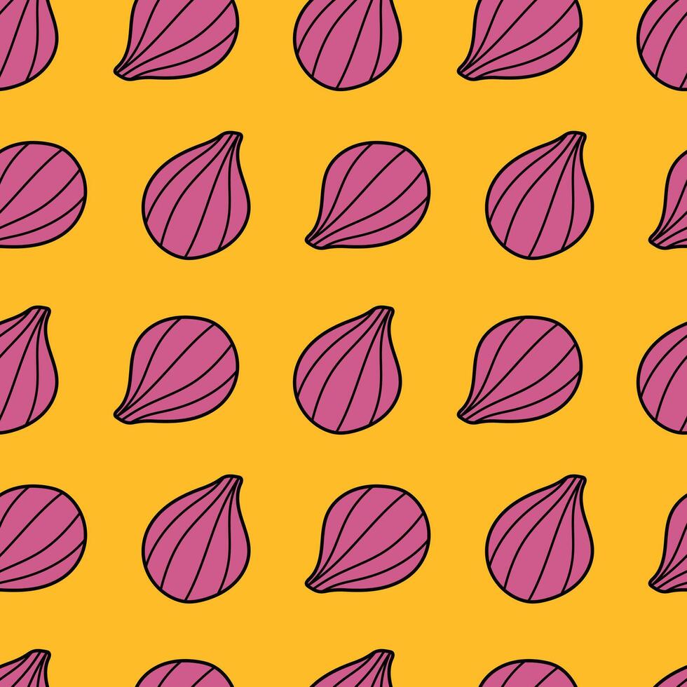 Figs seamless pattern. Pink figs on a yellow background. Bright summer illustration for fabric, background, cover, paper, packaging vector