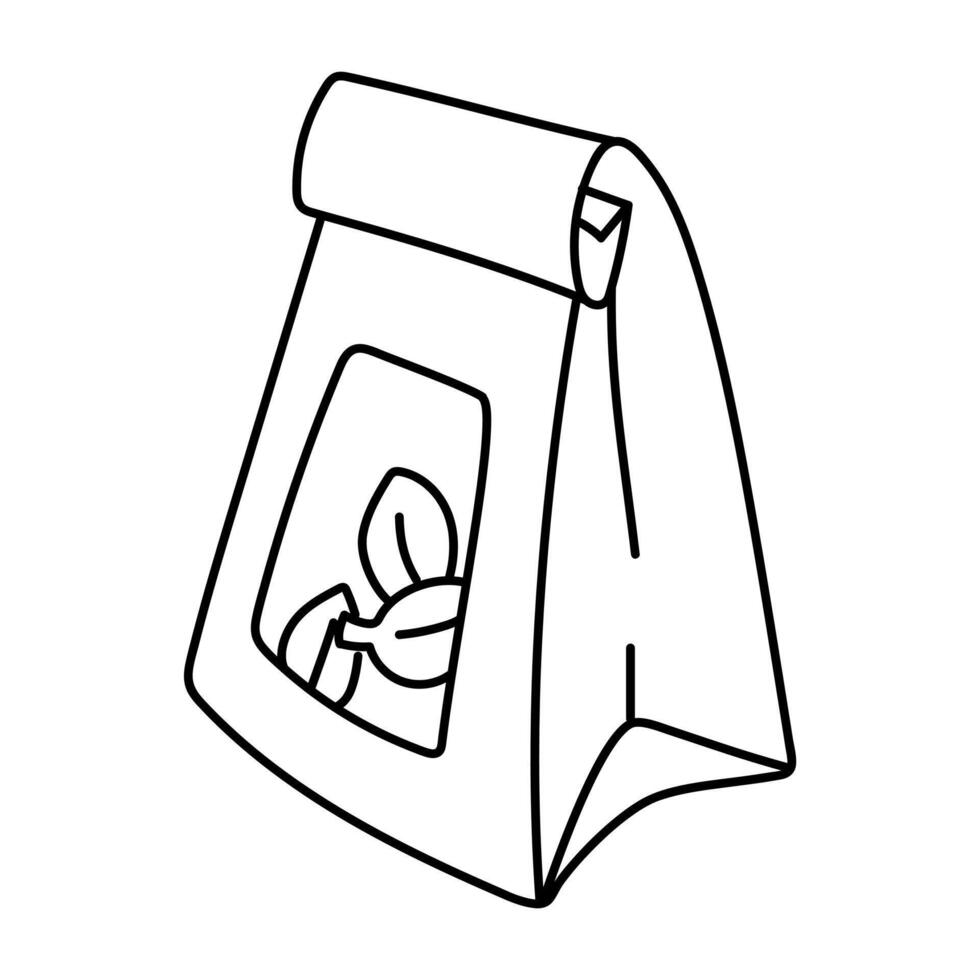 Tea bags with leaves in a doodle. Packing sideways. It is suitable for use in tea packaging design, product branding, marketing materials and culinary blogs, as well as in production of tea products vector